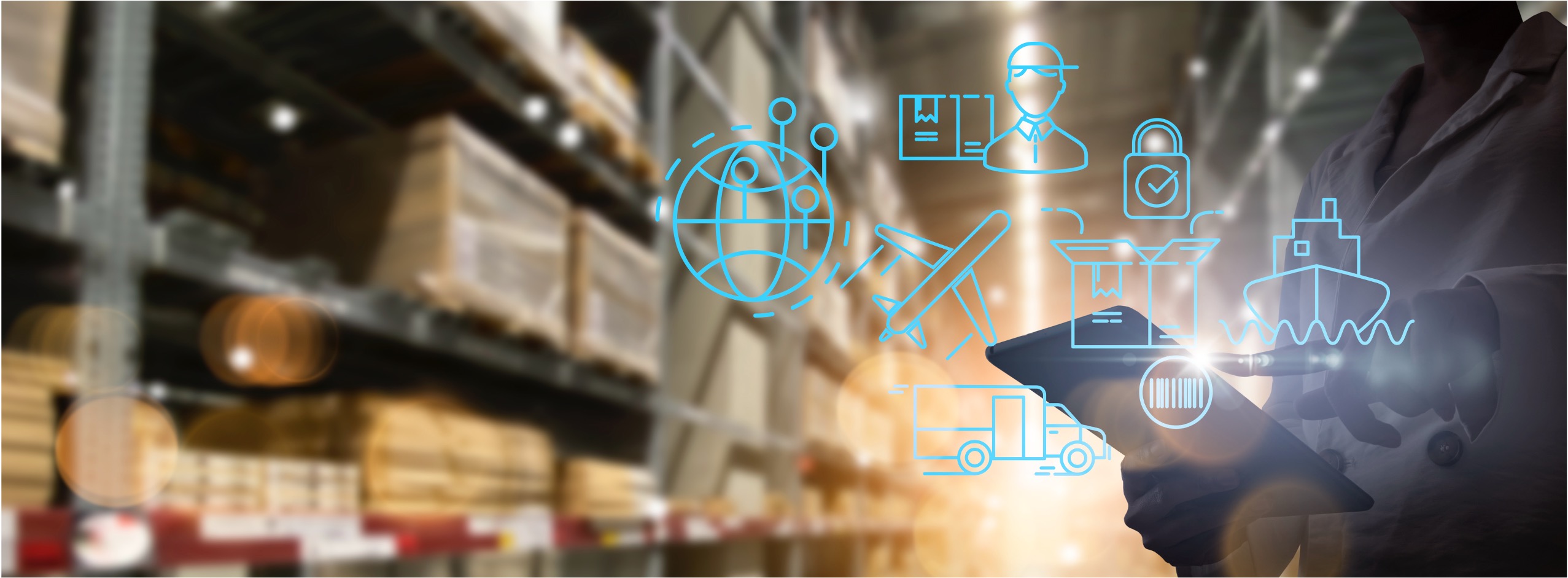 Ship AI, Logistics expert using digital tools to optimize transportation and supply chain operations in a warehouse